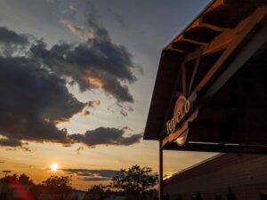 Tupelo Music Hall main entrance at sunset.